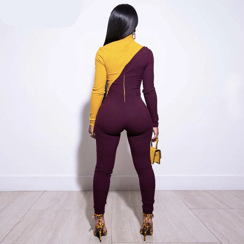 Colorblock Mock Neck Hollow-Out Long Sleeve Skinny Women's Jumpsuit