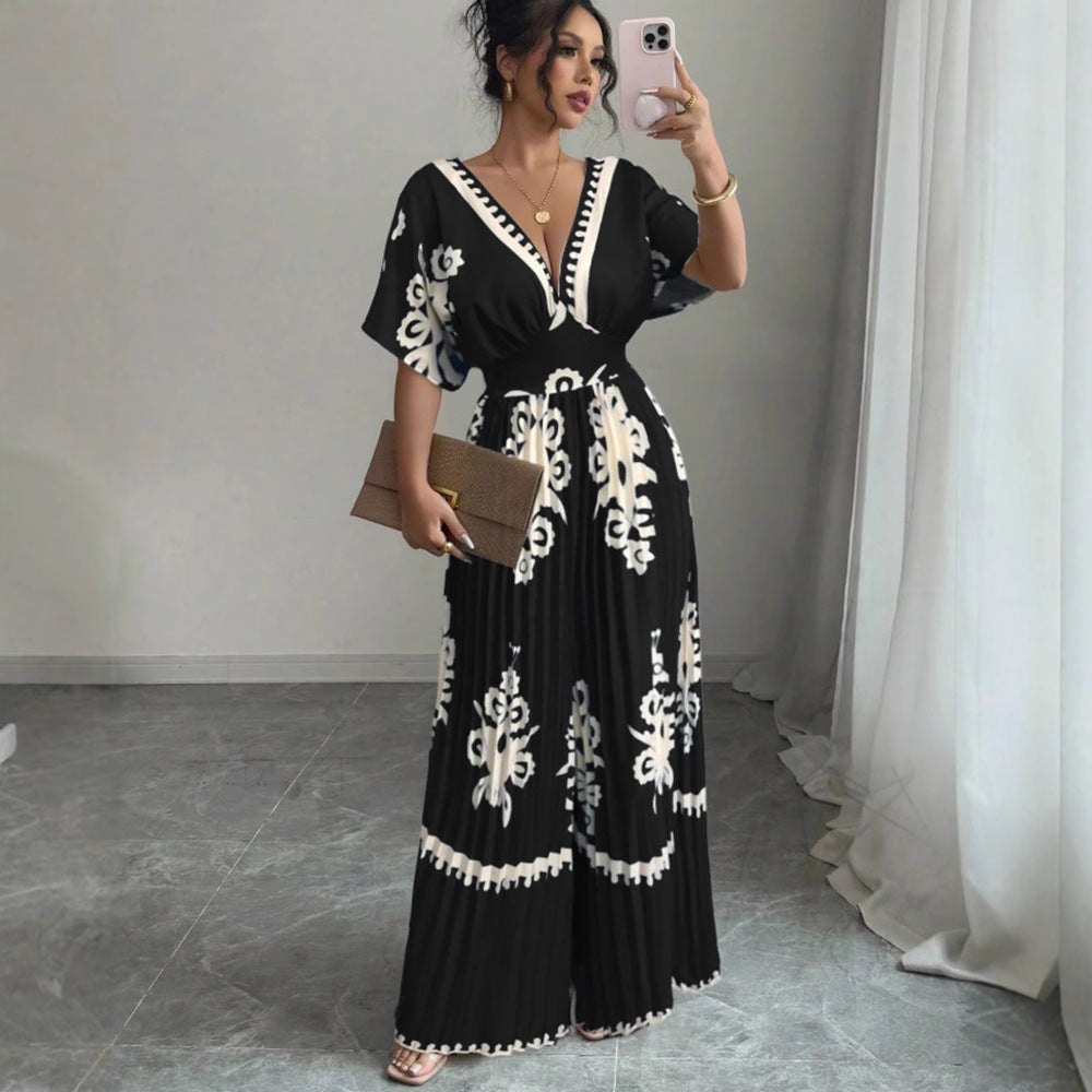 Pleated Printed Deep V-Neck Short Sleeve Wide Leg Jumpsuit