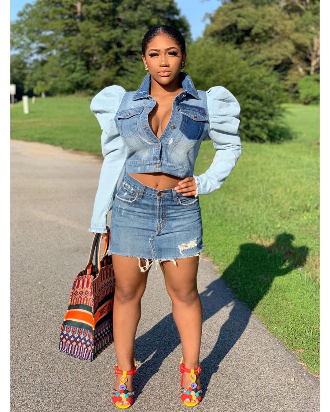 Denim Colorblock Patchwork Bubble Balloon Sleeve Women's Jean Jacket to 3X Plus Size