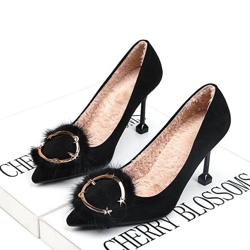 Faux Fur Gold Pendant Design Women's Pointed Toe High Heel Pumps