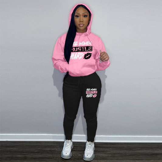 "Real Women Hustle Hard" Letter Print Velvet Lined Drawstring Hoodie Sweatshirt + Women's Skinny Jogger Sweatpants Tracksuit to 5X Plus Size