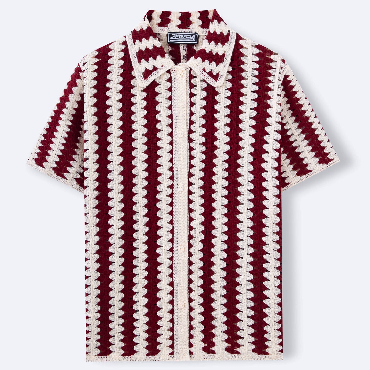 Men's Crochet Burgundy/White Vintage Striped Knitted Short Sleeve Shirt
