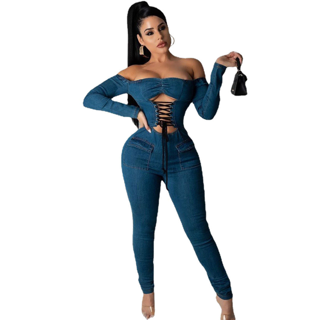 Denim Lace-Up  Long Sleeve Zipper Back Off-the-Shoulder Women's Skinny Jean Jumpsuit