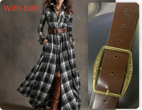 Oversized Plaid Print Long Sleeve Pocketed Turn-Down Collar Button-Up Big Swing Maxi Dress to 4X Plus Size
