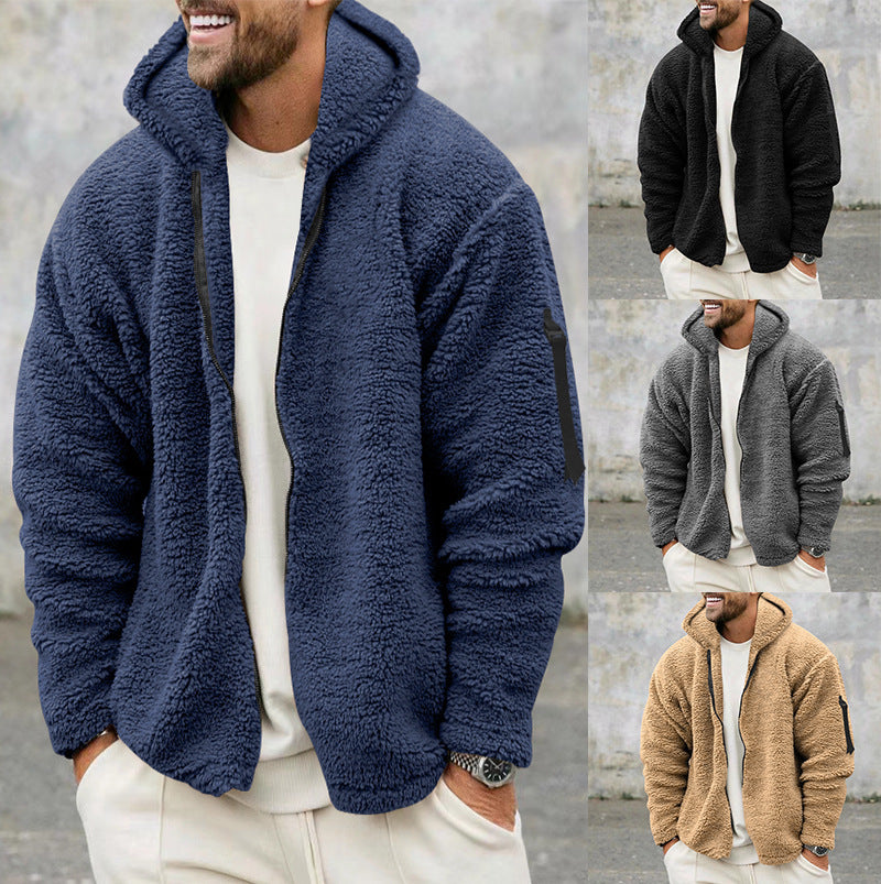 Men's Zipper Sleeve Design Plush Fleece Solid Color Reversible Teddy Hoodie Jacket