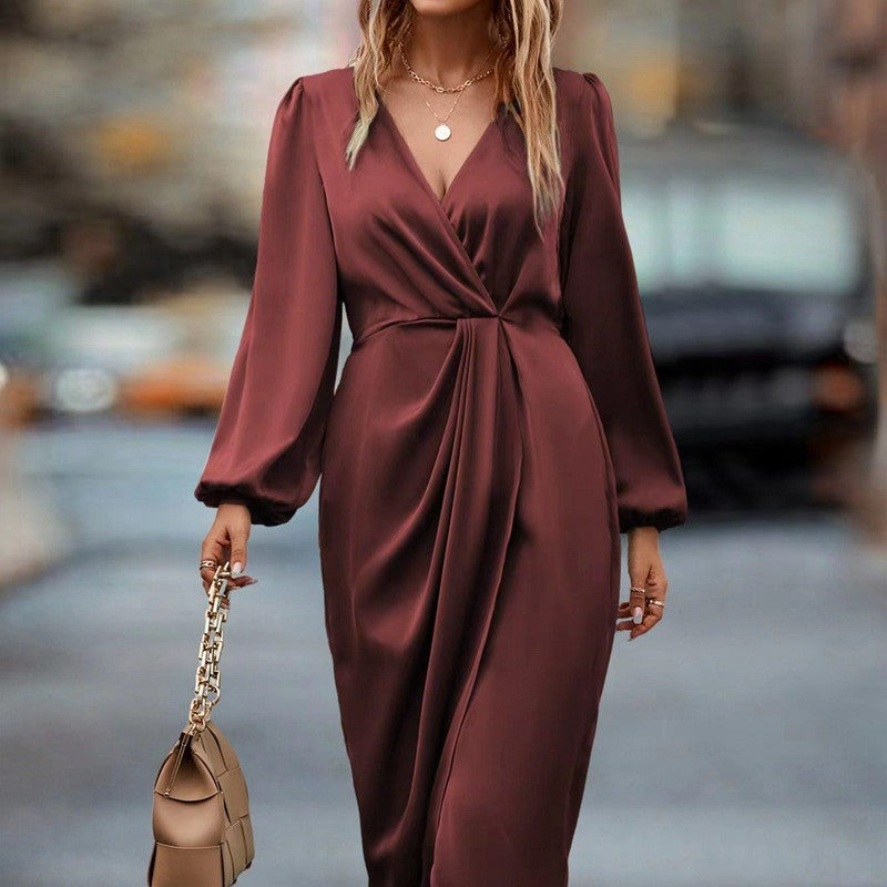 Satin V-Neck Long Sleeve Solid Color Temperament High Slit Maxi Wrap Dress to 4X Plus Size