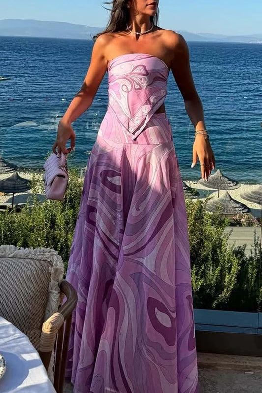 Lavender Purple Geometric Print Women's Tube Top + Oversized Flared Maxi Skirt 2-Piece Set