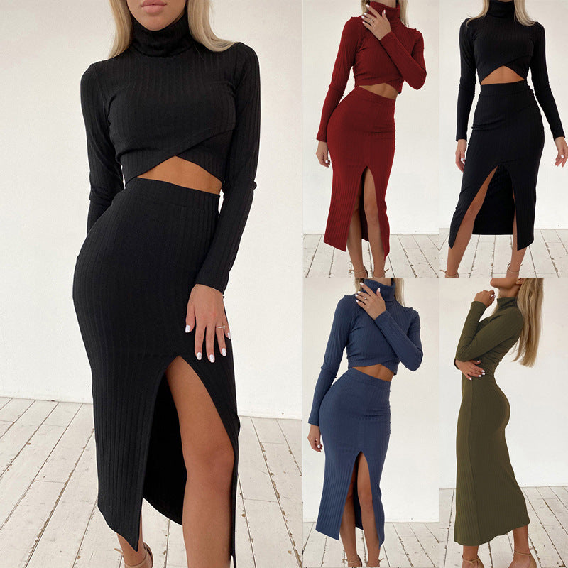 Cropped Solid Color Long Sleeve Shirt + High Slit Maxi Skirt Women's 2-Piece Set to 3X Plus Size