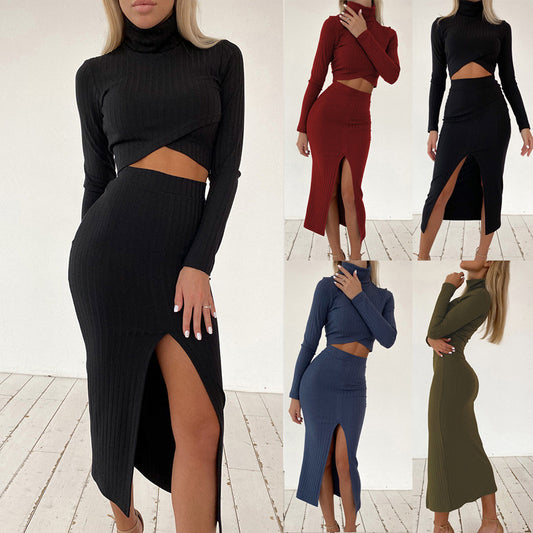 Cropped Solid Color Long Sleeve Shirt + High Slit Maxi Skirt Women's 2-Piece Set to 3X Plus Size