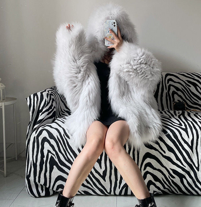 Shaggy Faux Fur Long Sleeve Women's Streetwear Hooded Jacket
