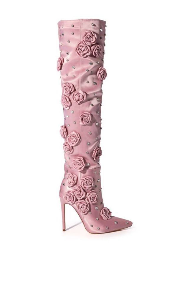 Pink Rose Flower Embroidered Rivet Design Silk Cloth Women's Over-the-Knee Boots