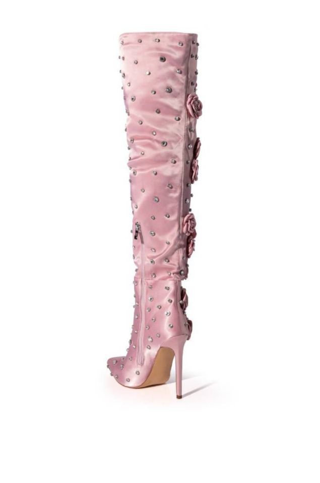 Pink Rose Flower Embroidered Rivet Design Silk Cloth Women's Over-the-Knee Boots