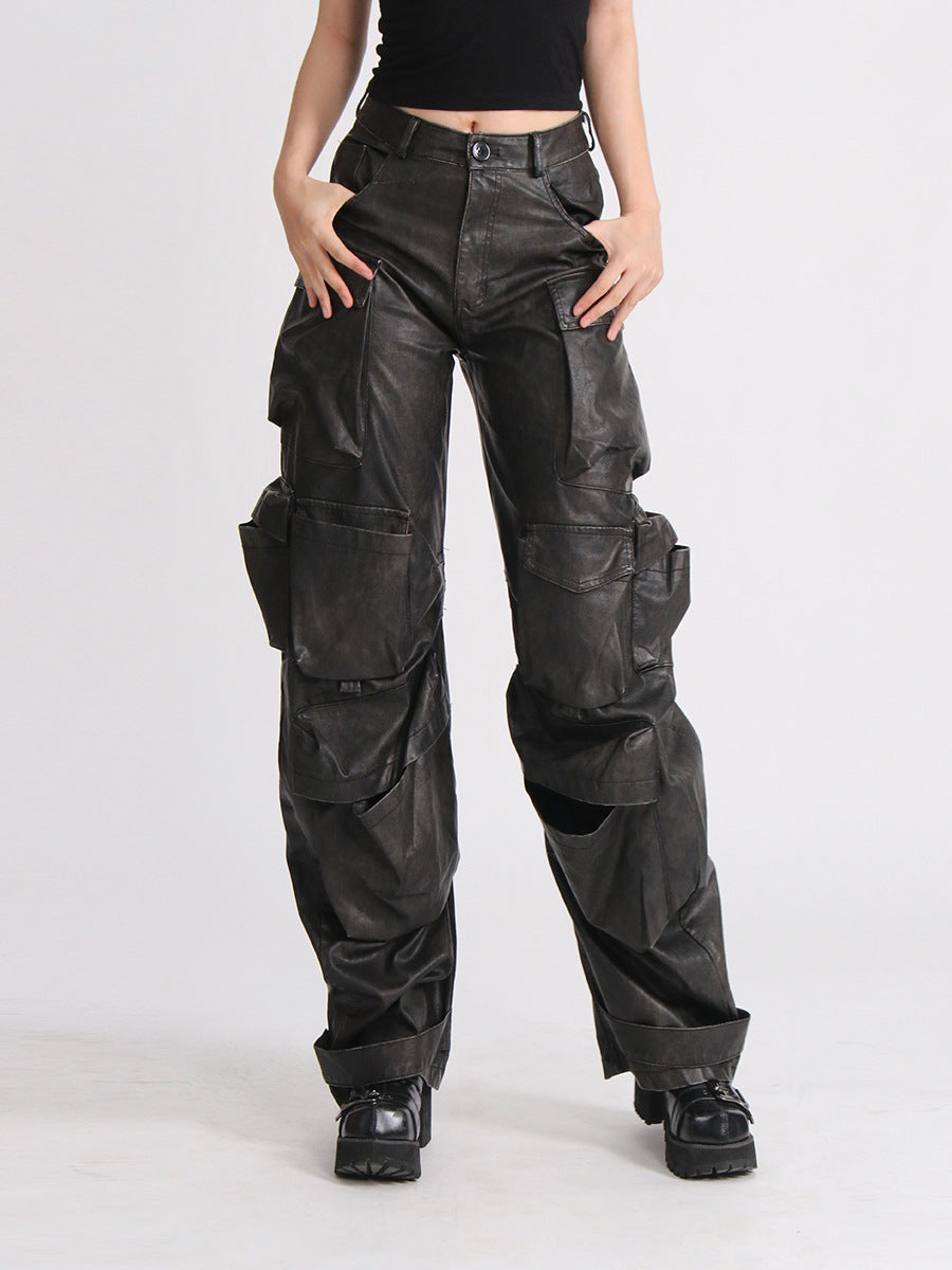 Dark Grey PU Leather High Waist Streetwear Hip-Hop Women's Cargo Multi-Pocketed Wide Leg Solid Color Pants