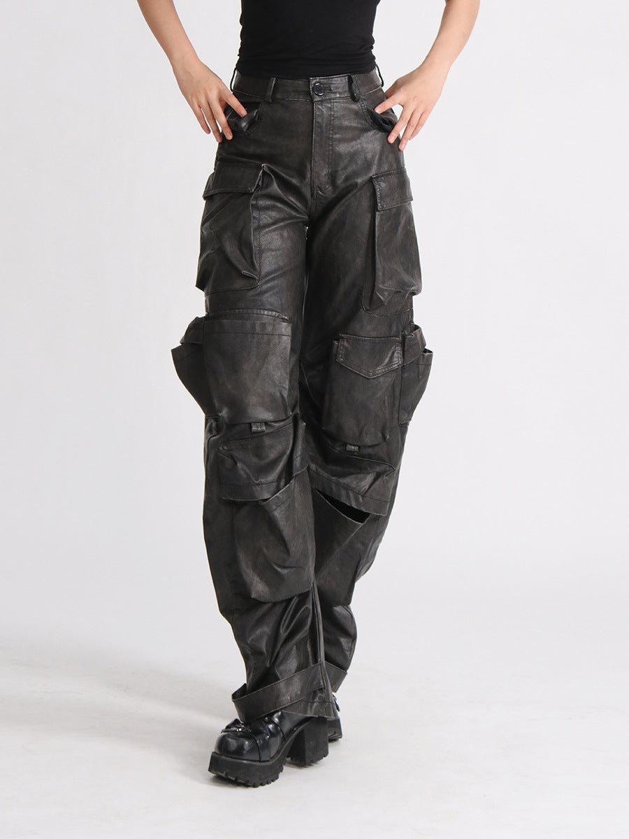 Dark Grey PU Leather High Waist Streetwear Hip-Hop Women's Cargo Multi-Pocketed Wide Leg Solid Color Pants