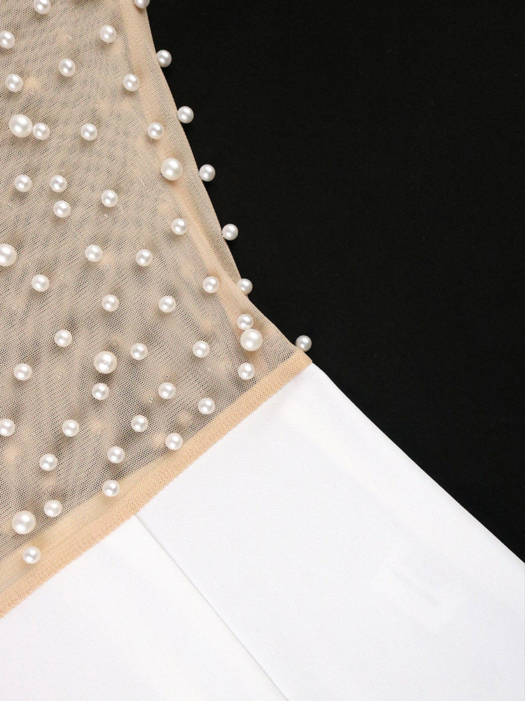 Pearl Embellished Sheer Transparent O-Neck High Waist Short Sleeve Formal Party Jumpsuit to 4X Plus Size