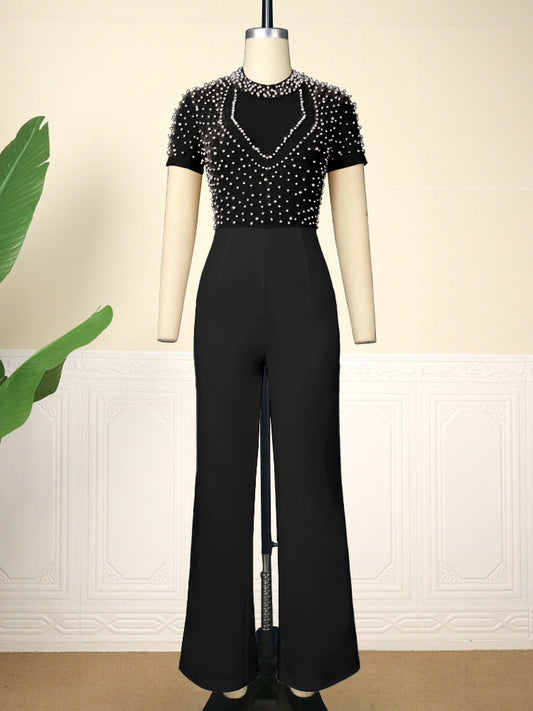 Pearl Embellished Sheer Transparent O-Neck High Waist Short Sleeve Formal Party Jumpsuit to 4X Plus Size