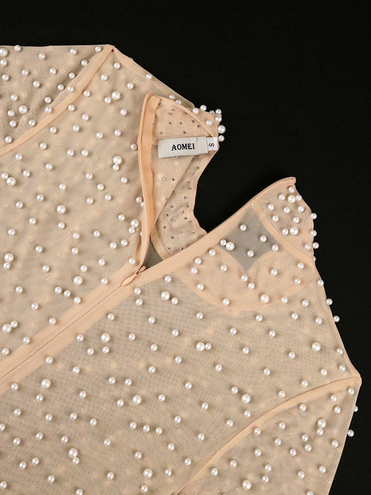 Pearl Embellished Sheer Transparent O-Neck High Waist Short Sleeve Formal Party Jumpsuit to 4X Plus Size