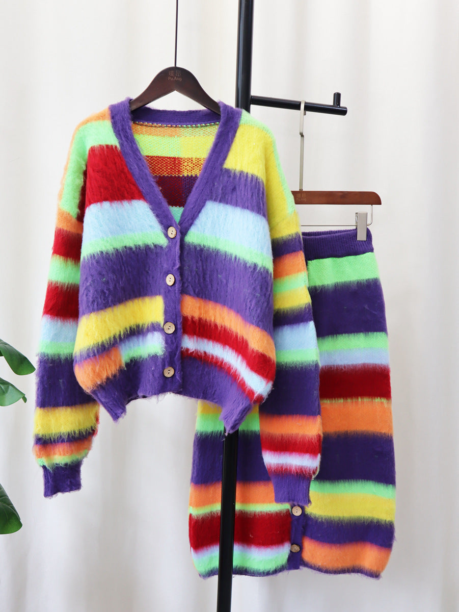 Rainbow Striped Fuzzy Knitted Women's Cardigan Sweater + Button-Up Maxi High Slit Skirt 2-Piece Set
