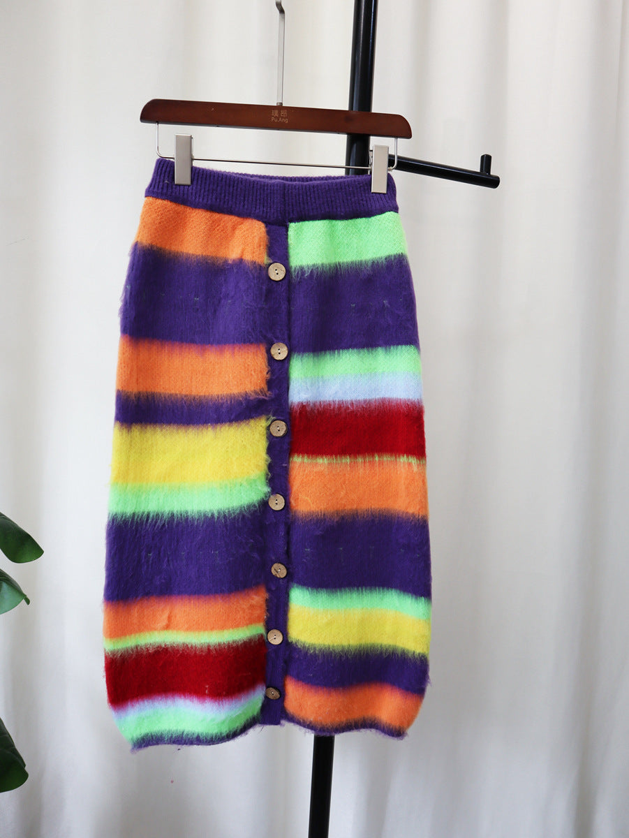 Rainbow Striped Fuzzy Knitted Women's Cardigan Sweater + Button-Up Maxi High Slit Skirt 2-Piece Set