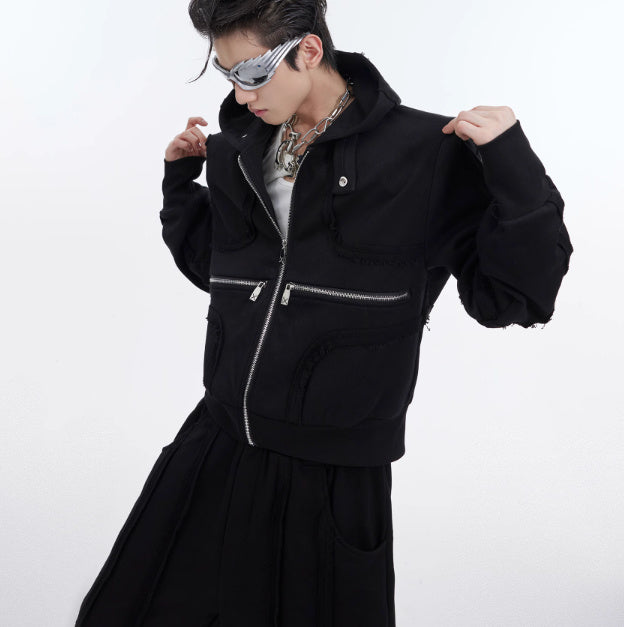 Men's 3D Padded Shoulder Zipper Design Hoodie Jacket + Deconstructed Irregular Sweatpants Tracksuit