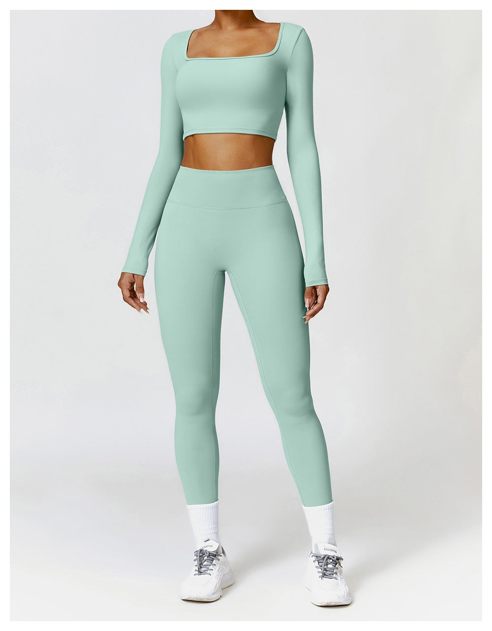 Fitness Long Sleeve Solid Color Workout Crop Top + Leggings Women's 2-Piece Gym Set