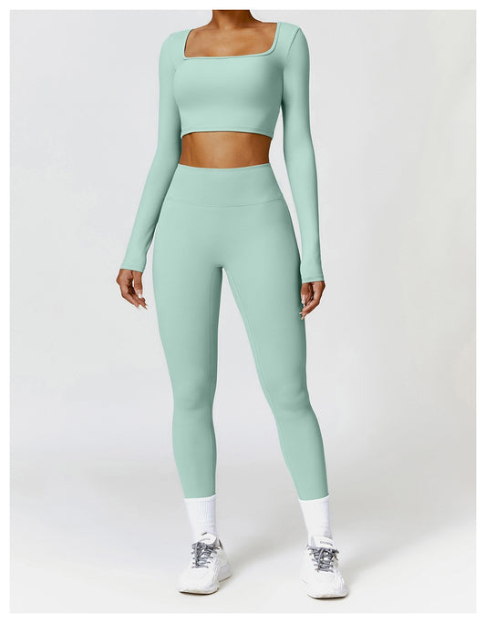Fitness Long Sleeve Solid Color Workout Crop Top + Leggings Women's 2-Piece Gym Set