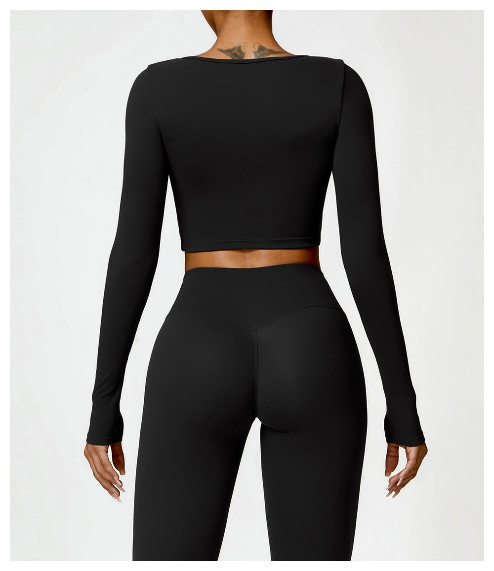Fitness Long Sleeve Solid Color Workout Crop Top + Leggings Women's 2-Piece Gym Set