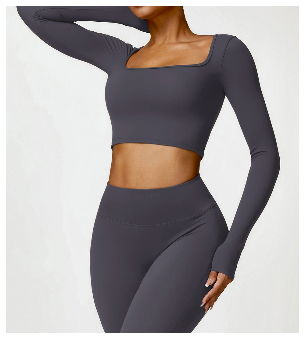 Fitness Long Sleeve Solid Color Workout Crop Top + Leggings Women's 2-Piece Gym Set