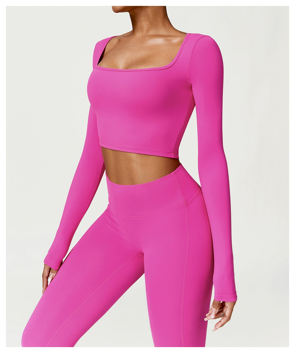 Fitness Long Sleeve Solid Color Workout Crop Top + Leggings Women's 2-Piece Gym Set