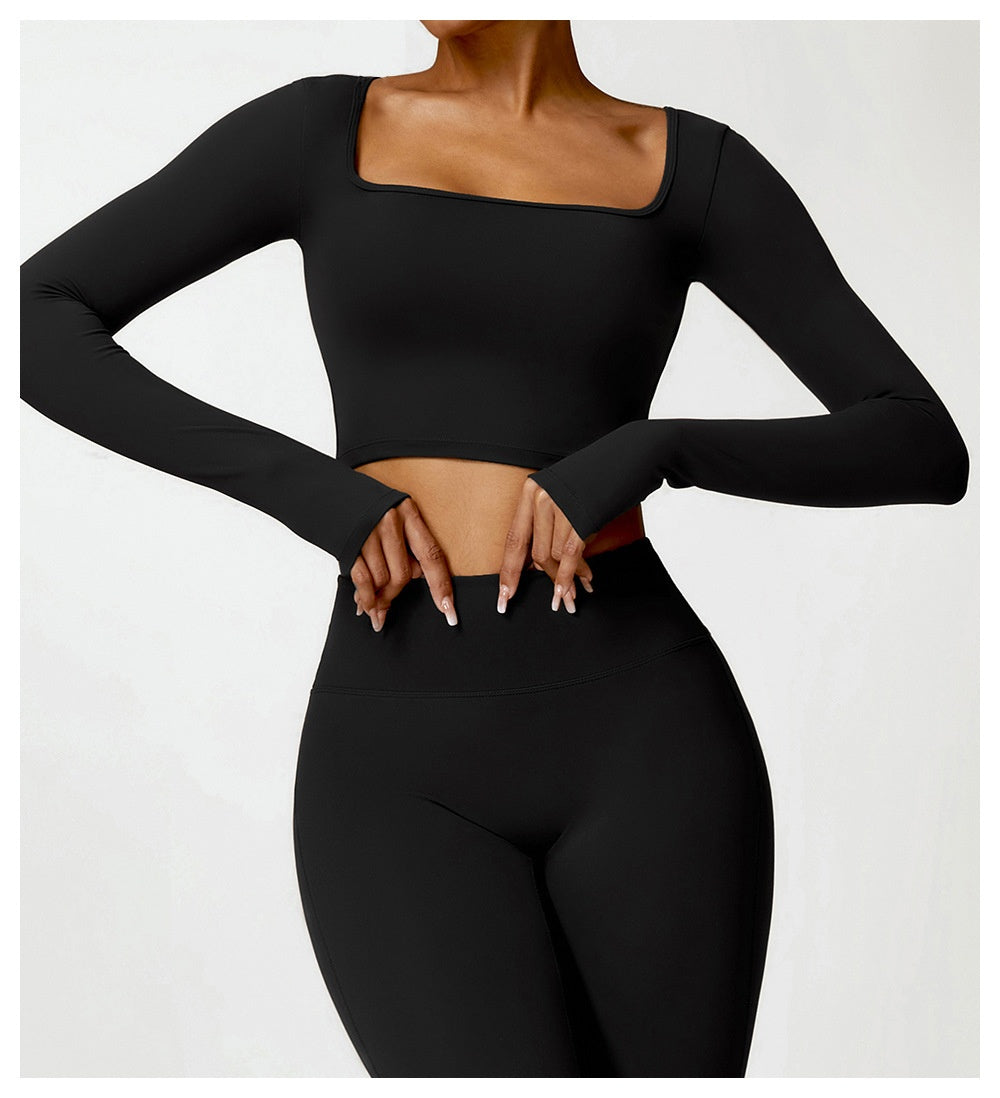 Fitness Long Sleeve Solid Color Workout Crop Top + Leggings Women's 2-Piece Gym Set
