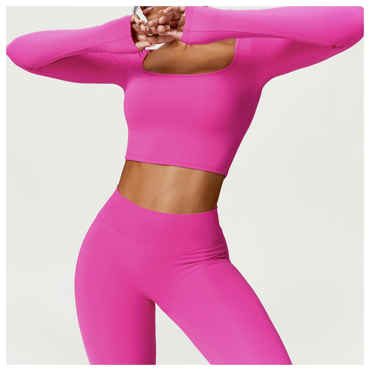 Fitness Long Sleeve Solid Color Workout Crop Top + Leggings Women's 2-Piece Gym Set