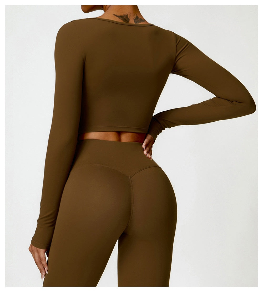 Fitness Long Sleeve Solid Color Workout Crop Top + Leggings Women's 2-Piece Gym Set