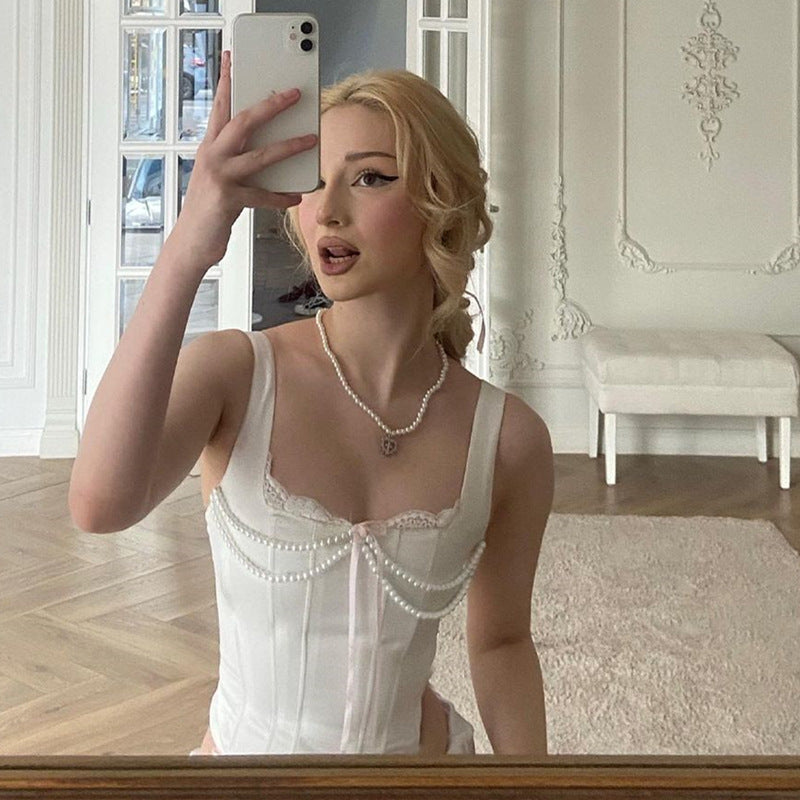 Women's French Style Pearl Chain Bow Stitching Lace Camisole