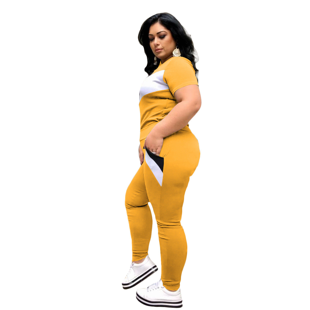 Plus Size Patchwork Short-sleeved T-shirt Trousers Suit