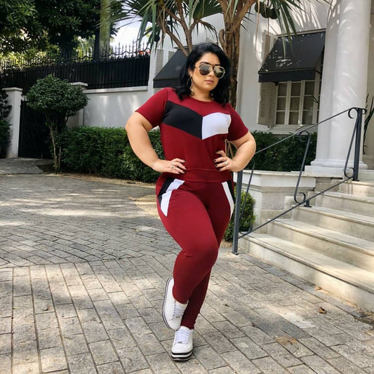 Plus Size Patchwork Short-sleeved T-shirt Trousers Suit