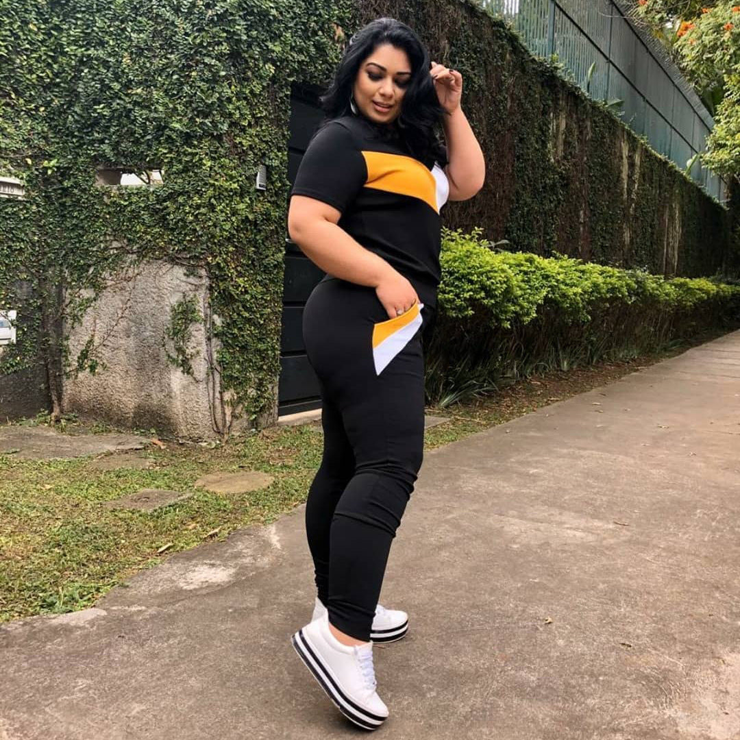 Plus Size Patchwork Short-sleeved T-shirt Trousers Suit
