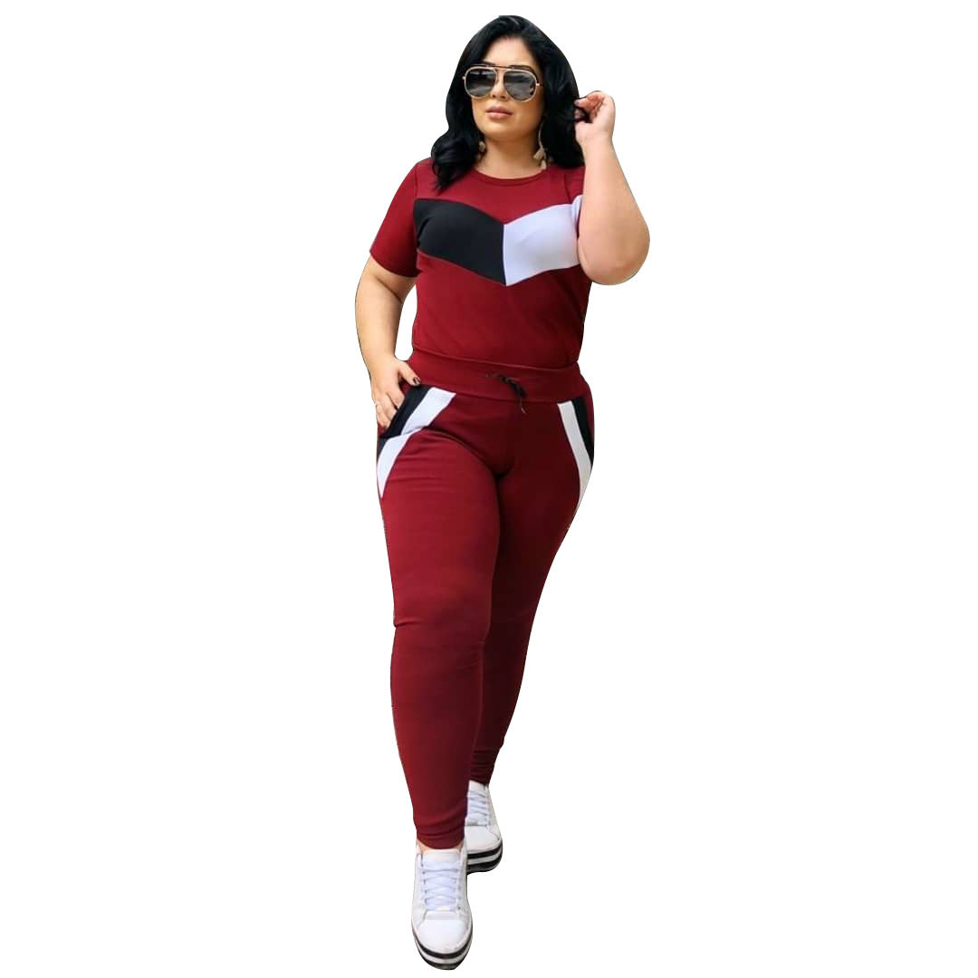 Plus Size Patchwork Short-sleeved T-shirt Trousers Suit