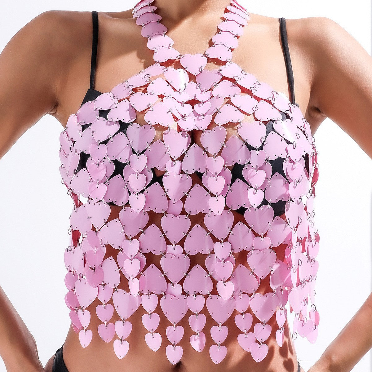 Heart Shaped Acrylic Paillette Love Tassel Loose Women's Pendant Halter Crop Top