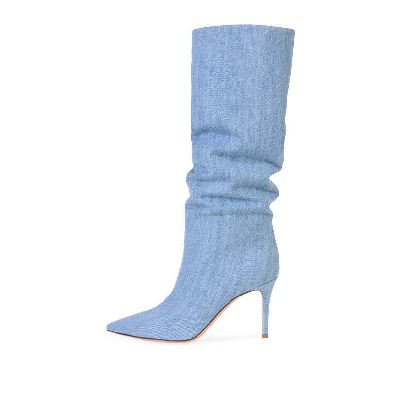 Denim Light Blue Ruched High Heel Women's Knee-High Jean Boots