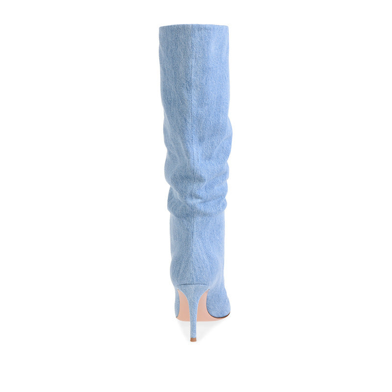 Denim Light Blue Ruched High Heel Women's Knee-High Jean Boots