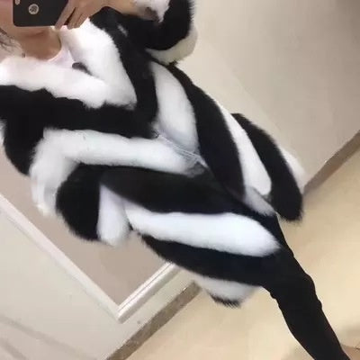 Faux Fur Diagnol Colorblock Striped Pattern Women's Coat to 4X Plus Size