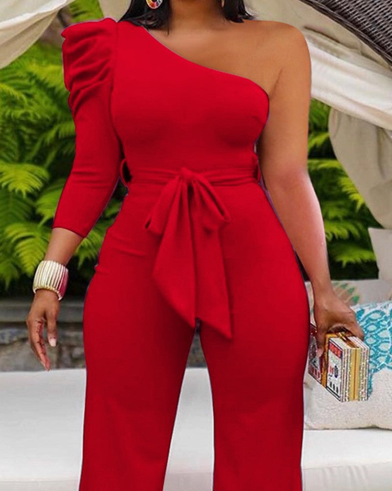 Asymmetrical One Puff Sleeve Solid Color Wide Leg Sash Belted Formal Jumpsuit to 3X Plus Size