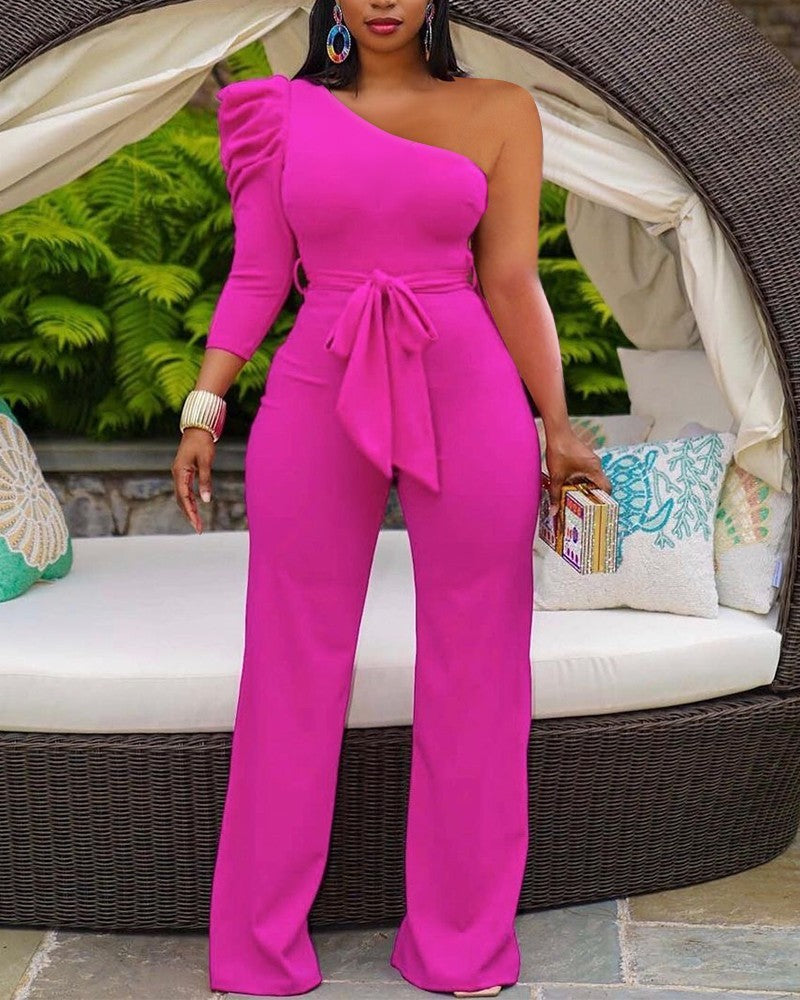 Asymmetrical One Puff Sleeve Solid Color Wide Leg Sash Belted Formal Jumpsuit to 3X Plus Size