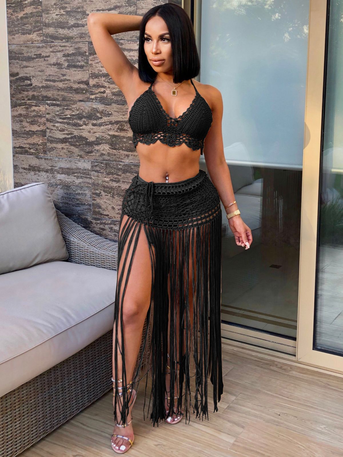 Crochet Bikini Top + Hanging Tassel Maxi Skirt 2-Piece Swimsuit Cover-Up Set