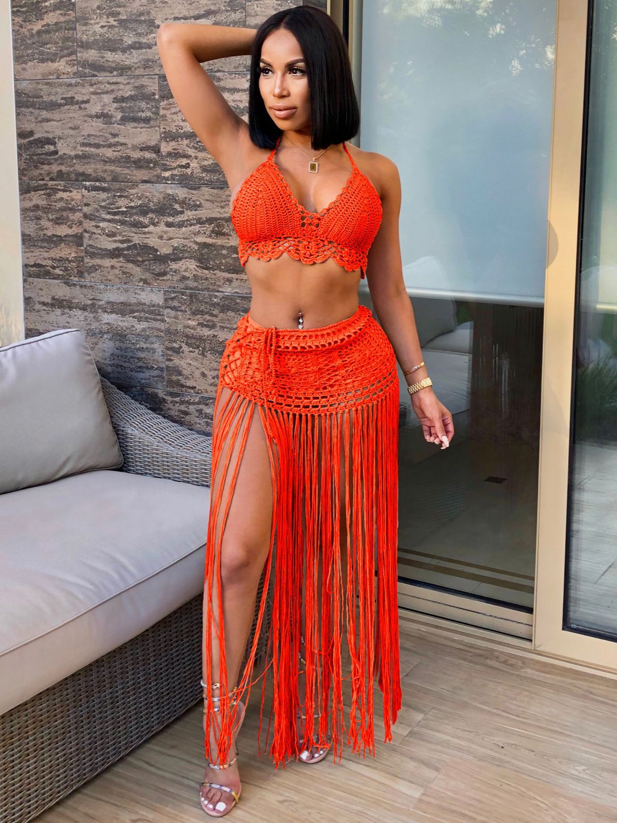 Crochet Bikini Top + Hanging Tassel Maxi Skirt 2-Piece Swimsuit Cover-Up Set
