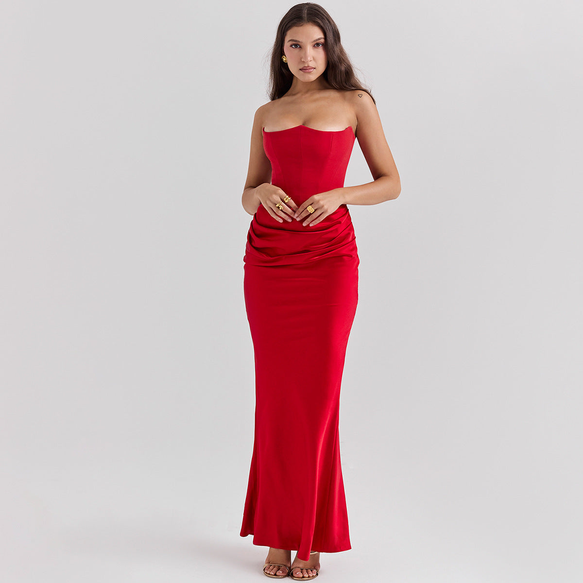 Sleeveless Ruched Corset Tube Top Skinny Backless Evening Maxi Formal Party/Prom Dress