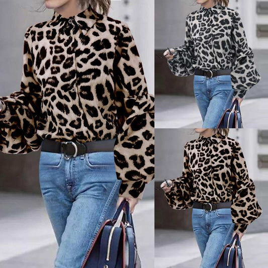 Leopard Print Button-Up Long Sleeve Turn-Down Collar Women's Blouse to 5X Plus Size