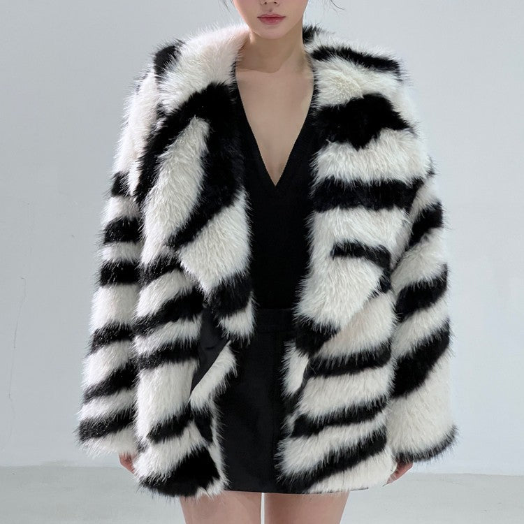 Faux Fur Black/White Zebra Print Turn-Down Collar Women's Jacket