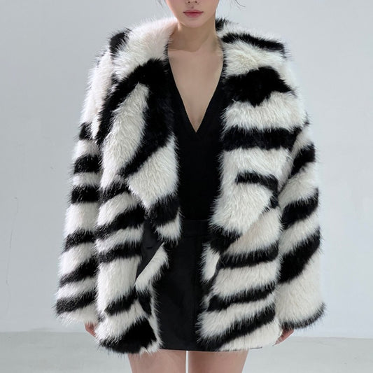 Faux Fur Black/White Zebra Print Turn-Down Collar Women's Jacket