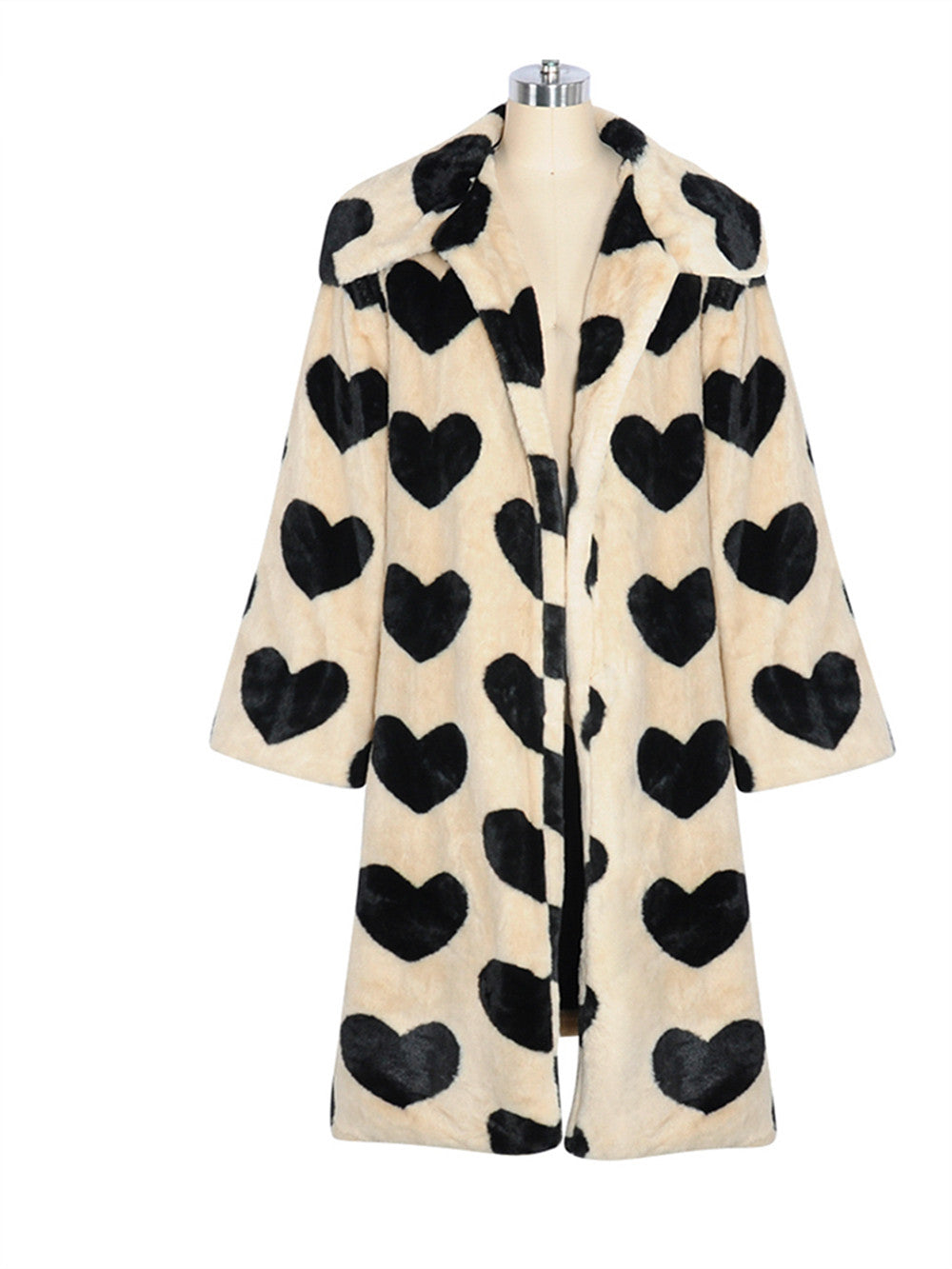 Faux Fur Khaki/Black Heart Print Women's Long Sleeve Turn-Down Collar Coat to 5X Plus Size